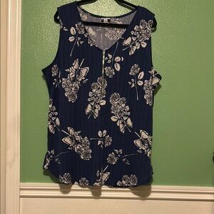 Floral Sleeveless Top - Navy and White